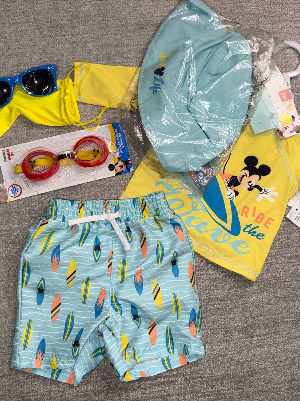Disney Mickey Mouse Baby Boys 3M Swim Bundle Rash Guard Trunks Hat Goggles NWT